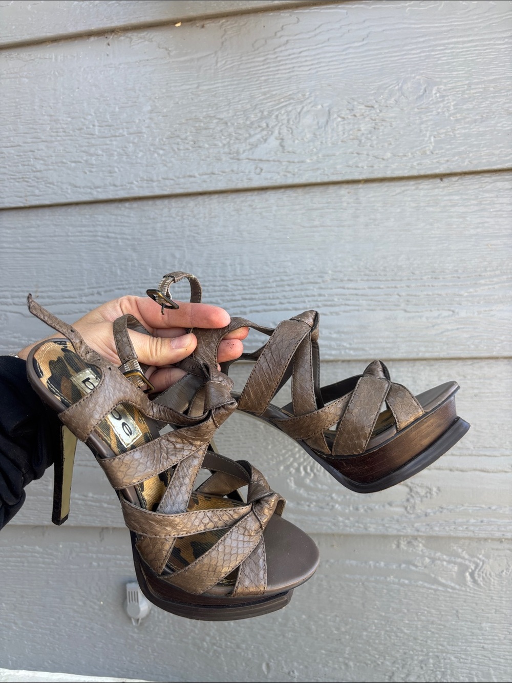 bebe Brown Woven Strappy Platform Heels